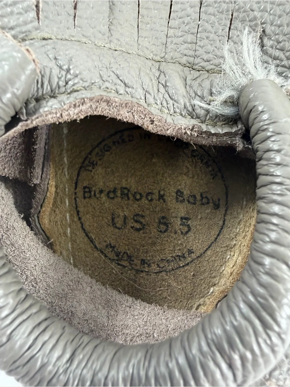 BirdRock Baby Gray Leather Fringe Moccasins Soft Sole Crib Shoes US 6.5